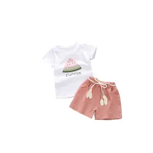 Nieuwe Zomer Kinderen Jurk Korte Mouw T-Shirt En Korte Broek 2 Stuks Pak Watermeloen Print Meisjes Casual Kleding Set