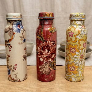 Pure Copper Water Bottles Featuring Artistic Floral and Retro Geometric Prints Stylish Ayurvedic Health Wellness Hydration Cont - Product Image 1