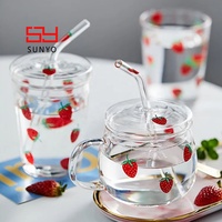 Mug à café en verre borosilicate résistant à la chaleur, à paroi simple, avec impression intégrale motif fraise, couvercle en verre et paille, 250 ml et 350 ml
