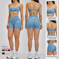 Set Celana Pendek Yoga Biru Wanita, Bra Olahraga Pinggang Tinggi, Pakaian Aktif untuk Fitness