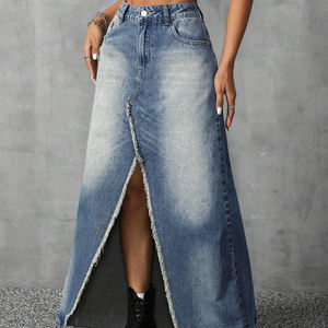 المرأة عارضة نمط عالية الخصر المتعثرة الجينز طويل تنورة Bodycon ممزق انقسام صورة ظلية مستقيم جيوب زر الديكور - Product Image 4