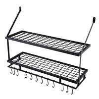 Étagère murale pliante en métal à double niveau pour cuisine, porte-casseroles avec 12 crochets pour casseroles et poêles, durable et gain de place