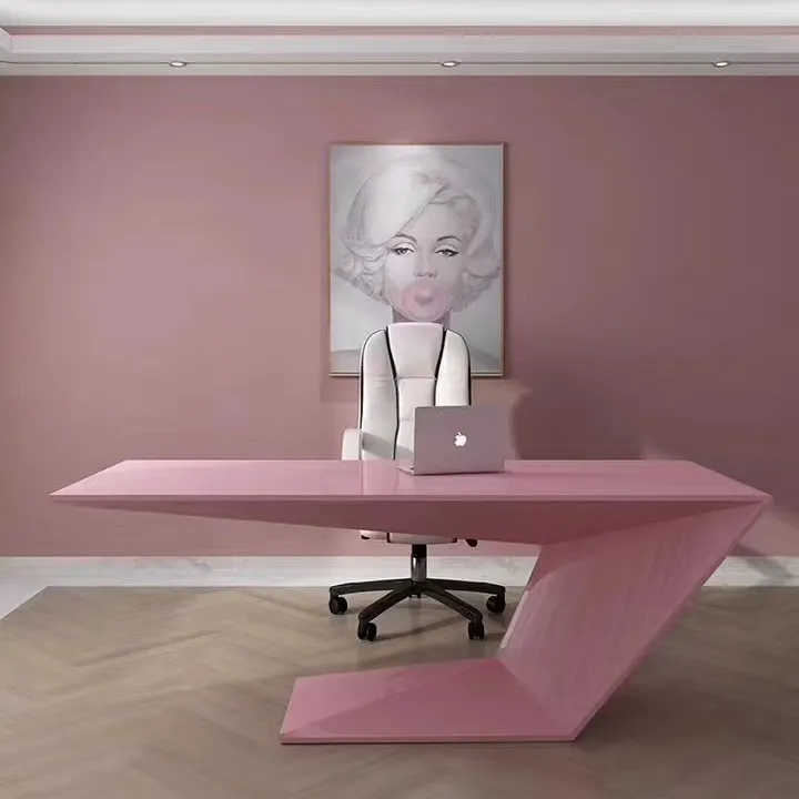 Ordenador ejecutivo de estilo nórdico para casa inteligente, Escritorio de oficina completo de madera brillante en forma de I, color rosa y blanco