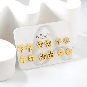 OEM Wholesale Gold Plated 6 Pairs Fashion Cute Mix Earrings Stainless Steel Flower Butterfly Multi Shape Stud Earring Set