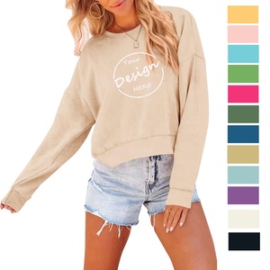 Sweat-shirt court personnalisé pour femmes impression bouffante plaine coton polaire décontracté à manches longues col rond pull décontracté coupe courte hauts - Product Image 1