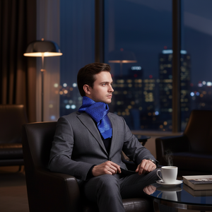 Bufanda de lana índigo azul elegante con estampado, tejida de doble cara, talla única para hombre, Turquía - Product Image 3