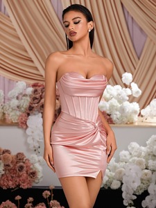 Robe de Soirée Rose de Luxe en Satin pour Femme, Bustier, Fendue Haute, Froncée, pour Bal, Fête, Mariage, Invitée, Tenue Formelle – Vente en Gros - Product Image 1