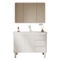 Set Kabinet Kamar Mandi Nordik Aluminium Sarang Lebah Tebal Model Berdiri dengan Wastafel Keramik Terintegrasi Dua Bagian dan Cermin Vanity