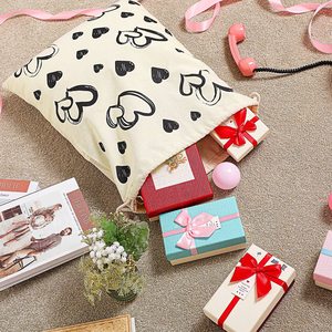 Large <b>Heart</b>-Printed Drawstring Cotton <b>Bag</b> for Handbag Christmas Wedding Present Canvas Gift <b>Bags</b> - Product Image 6