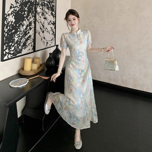 Chinese Style Floral Print Cheongsam Dress For Women Mandarin Collar Natural Waistline Light Elegant Dress Leisure Banquet Wear - Product Image 3