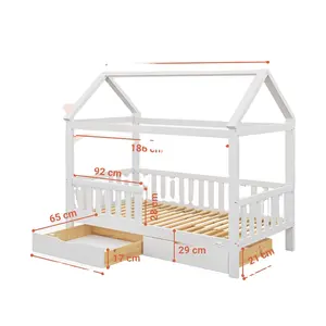 White House Bed 90x200cm Wooden Children's House Bed Solid Pine Bed With Fall Protection And Slatted Frame for Boys and Girls