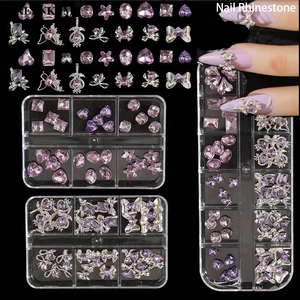 Populaire 6 Grille Violet Diamant Ensemble Nail Alliage <span class=keywords><strong>Charme</strong></span> Arc Amour Irrégulier Muti-forme Strass pour Ongles - Product Image 1