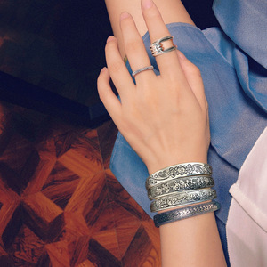 Bijoux Vintage tibétain en argent Miao, Style ethnique, <span class=keywords><strong>Bracelet</strong></span> ouvert avec fleur sculptée Antique pour femmes et hommes - Product Image 6