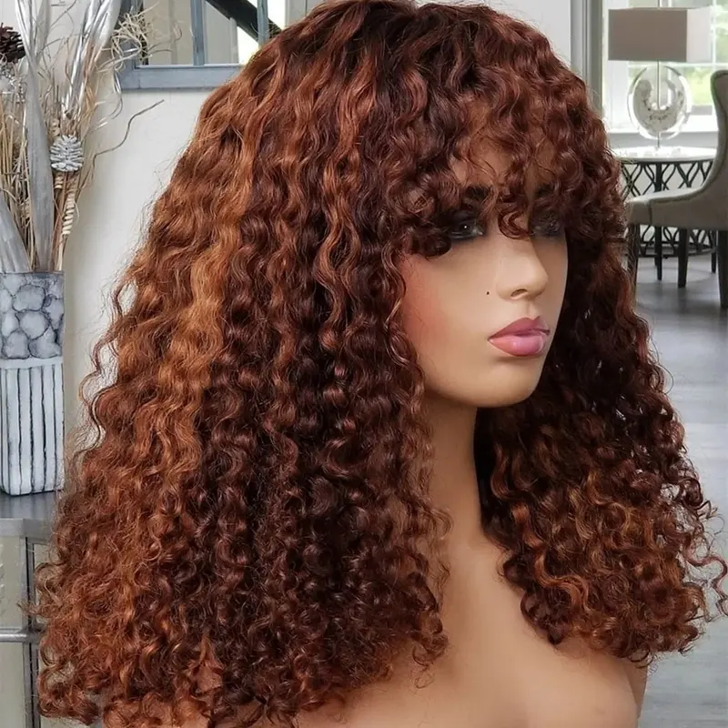 Wig Mesin Penuh Harga Grosir Wig Sorot Warna Coklat Afro Keriting Virgin Kutikula Rambut Selaras Tanpa Wig Renda