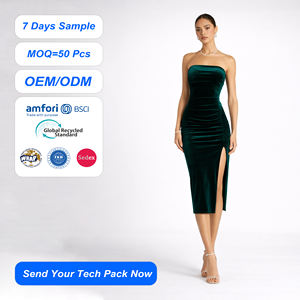 Robe de <span class=keywords><strong>soirée</strong></span> mi-longue moulante en velours vert respirant, sans bretelles, froncée et fendue, confortable et naturelle, personnalisable OEM SHENGFU - Product Image 1