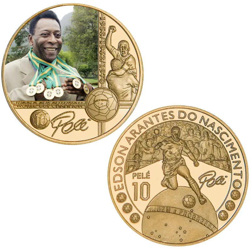 metal crafts Famous Brazil Soccer Man PELE THE KING OF FOOTBALL Gold Plated Commemorative Coin Challenge Coins Souvenir Gifts