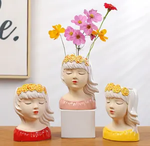 北欧のセラミックの女の子の顔プランターポット樹脂家の装飾彫刻装飾のためのかわいい花瓶