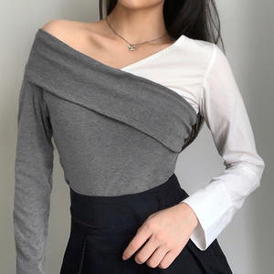 Seksi kırpma üst uzun kollu 2 ton renk kadın egzersiz t shirt ledis tişörtlü üstleri toplu sipariş düz t gömlek toplu - Product Image 4