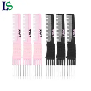 Professional Hair Combs Custom Pink Black Carbon Fiber Salon Lift Teasing Comb with Stainless Steel Metal Prong