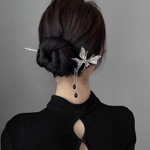 Palillos para el pelo de estilo chino con piedra lunar para mujer, horquillas retro de metal líquido con forma de mariposa, accesorios para el cabello. - Product Image 6