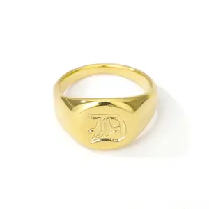 Huruf alfabet Inggris Kuno personalisasi cincin signet terukir laser huruf desain cincin inisial emas