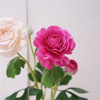 S-0009 Ranunculus artificiel en soie à 3 têtes, tige unique, toucher réel, haute qualité, pour décoration de Noël et de mariage
