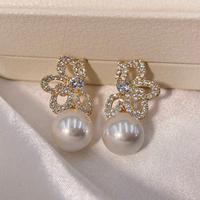 Anting-anting Mutiara Bunga Elegan untuk Wanita, Anting-anting Gantung Kupu-kupu CZ Hati Pink Mikro Pave Penuh, Perhiasan Pengantin Romantis