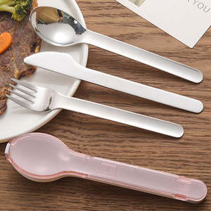 Estuche portátil de viaje para Picnic al aire libre para acampar, cuchara plateada, tenedor, cuchillo, 3 uds., cubiertos de acero inoxidable, juego de cubiertos azul y rosa - Product Image 1