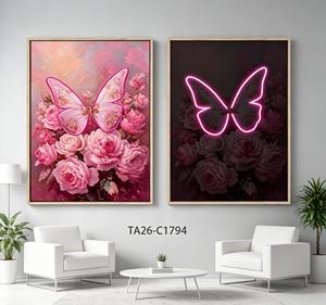 Set di 2 Stampe su Tela con Farfalle Rosa e Rose, Effetto Neon, Dipinti Floreali Romantici con Cornice - Product Image 3