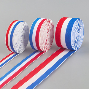 China Wholesale 40mm Wide Printed <strong>Elastic</strong> <strong>Ribbon</strong> Red <strong>White</strong> Blue <strong>Stripe</strong> Rubber Band Tape Woven Technics