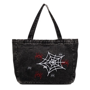 Halloween Estilo Escuro Retro Personalizado Bordado Aranha <span class=keywords><strong>Web</strong></span> Mulheres Shopping Bag Casual Grande Capacidade Diária Denim Shoulder Bag - Product Image 1