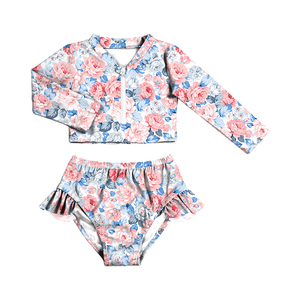 어린이 소녀 래쉬가드 2 종 딸기 패턴 수영복 세트 긴 소매 프릴 지퍼 수영복 태양 보호 - Product Image 4