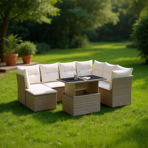 Conjunto de Sofá de Jardín de Ratán Beige con Cojines de Espuma de Alta Densidad, Muebles de Exterior de Diseño Contemporáneo, Resistentes al Agua y a los Rayos UV, de PE - Product Image 2
