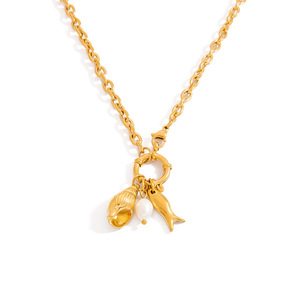 Collar de Acero Inoxidable Serie Océano con Colgante de Doble Pez y Dijes Temáticos de Trébol de Cuatro Hojas, Joyería Multicapa para Mujer - Product Image 5