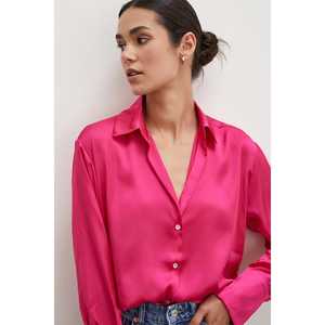 Camisa Básica de Satén Fucsia para Mujer, Blusa Clásica con Botones para Uso Diario - Product Image 1