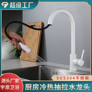 White Kitchen Faucet With Pull Out Spray <b>Head</b> Matte Finish Brass Valve Deck Mounted One Hole YQ3050F - Product Image 4