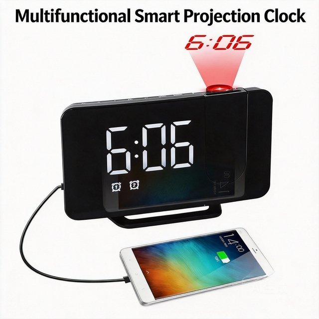 Modern Home Radio Projection Alarm Clocks Large Screen LED Display Electronic Clocks Curved Dual Alarm Clocks and Table Clocks