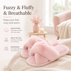 <span class=keywords><strong>Chaussons</strong></span> d'intérieur confortables pour femmes, à bout ouvert, en fausse fourrure, moelleux et antidérapants, avec semelle en PVC - Product Image 1