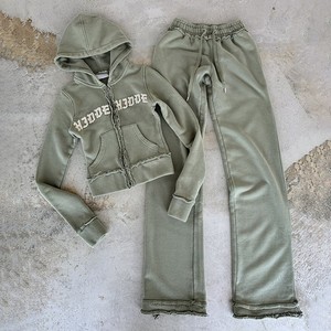 Custom Sweatsuit Jogging Suits Women 100% Cotton Zip up <strong>Hoodie</strong> and Flare Sweatpants Distressed Women <strong>Hoodies</strong> for Girls - Product Image 1