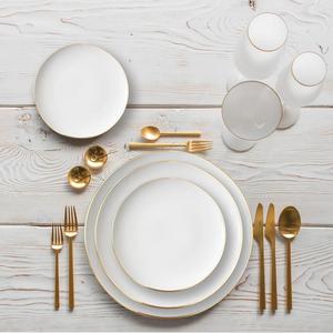 Venta al por mayor Hotel restaurante a granel borde dorado hueso China porcelana blanca plato de cerámica café té taza y platillo logotipo personalizado - Product Image 1