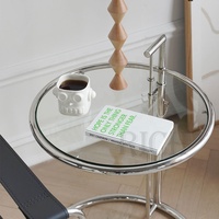 Table d'appoint ronde moderne en verre trempé avec plateau rond, hauteur réglable, en acier inoxydable argenté