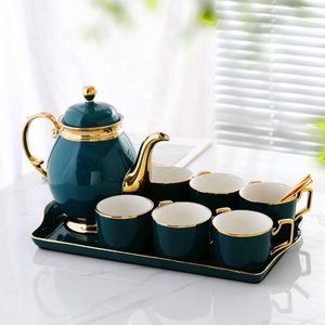 Best Luxury British Green Color Gilding Kitchen Accessories Porcelain Tea Cups <b>Set</b> With Tray - Product Image 4
