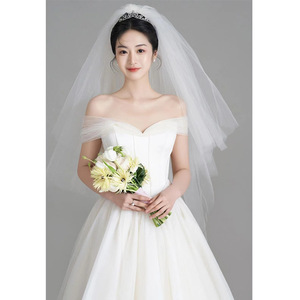 White Strapless A-Line Satin Wedding Dress Natural Waist Minimalist Mesh Design For Photoshoots - Product Image 1