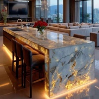 Îlot de cuisine personnalisé rétroéclairé, table à manger LED lumineuse, comptoir de bar en pierre de luxe multifonctionnel pour villa, cuisine ouverte