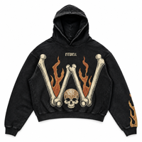 Hoodie court personnalisé délavé à l'acide avec motif crâne et flamme en strass, coupe oversize pour les marques de streetwear