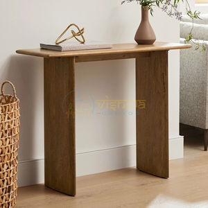 Table console en bois massif d'orme avec pieds en panneaux inclinés, table de canapé minimaliste, finition grain naturel, mobilier moderne pour la maison - Product Image 2