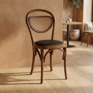 Silla de Comedor Francesa Antigua de Madera Curvada con Respaldo de Mimbre, Asiento de Cuero Negro, Silla de Madera para Restaurante - Product Image 3