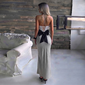 Robe longue de soirée pour femme, style français, à pois, col halter, dos nu, col en V, avec grand nœud, à lacets, coupe ajustée - Product Image 1