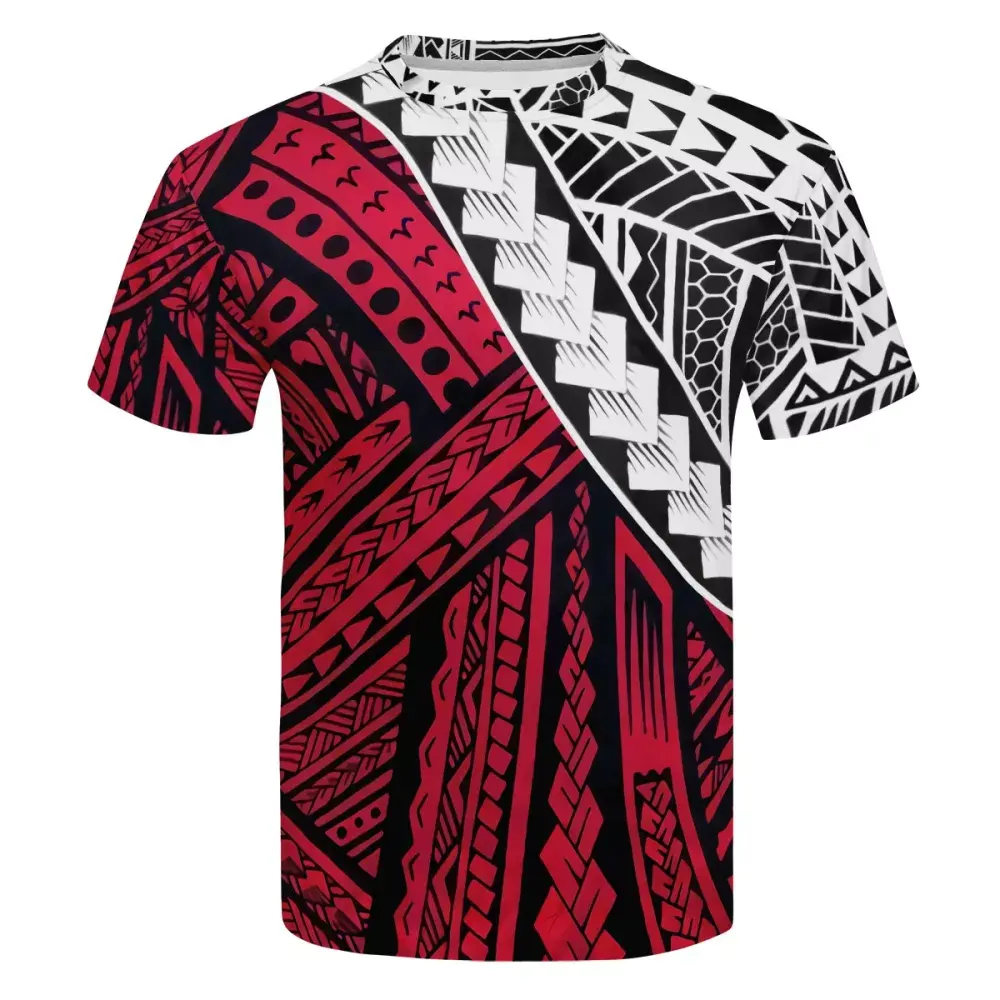 Ucuz yeni gelenler zarif çizgiler polinezya siyah kırmızı Tribal kişilik t-shirt yaz özel Logo t-shirt damla nakliye