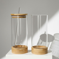 Gobelet en verre de haute qualité avec couvercle en bambou 16 oz avec pailles en verre ou en acier inoxydable pour jus, café, smoothies